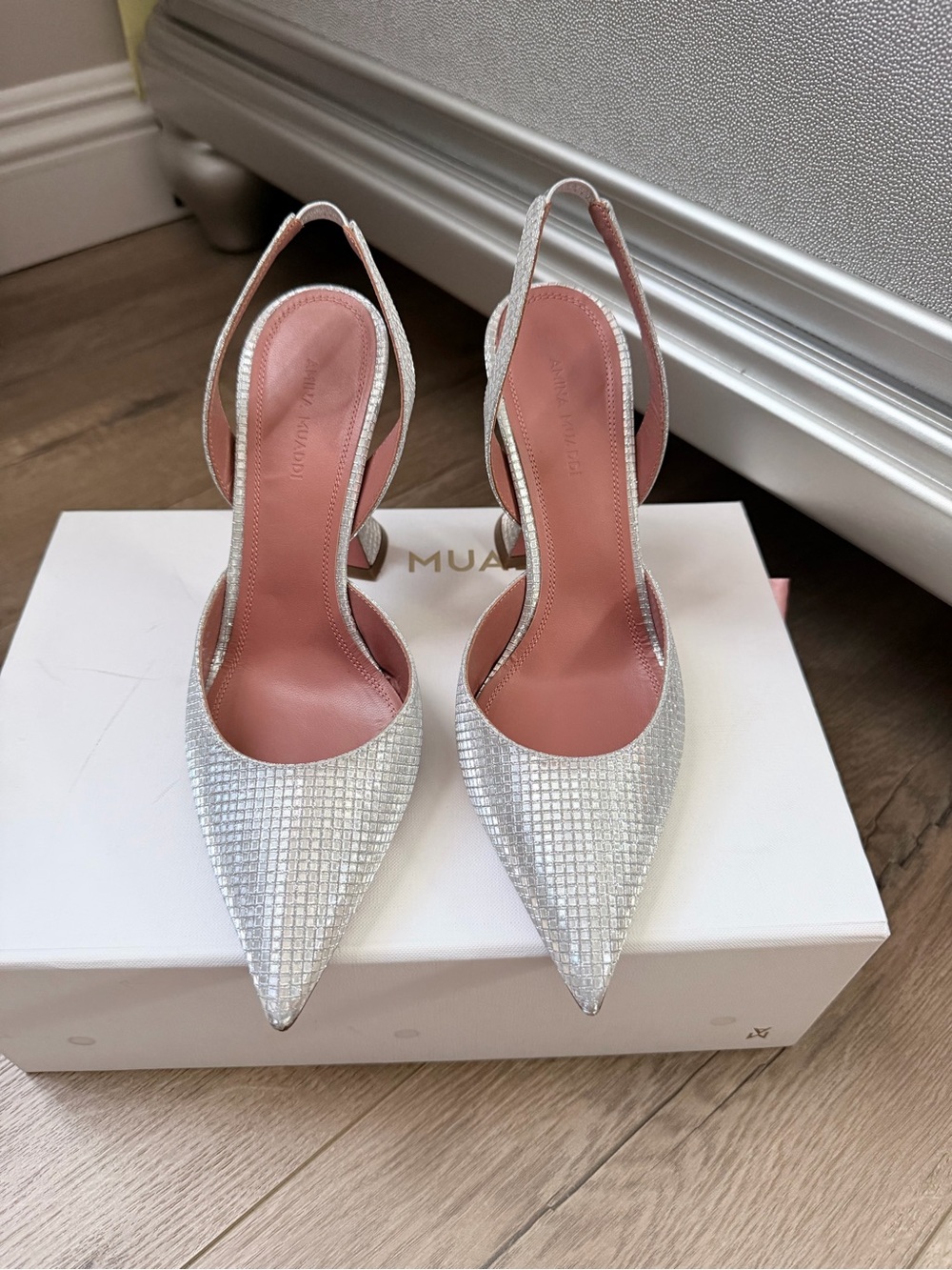 Amina Muaddi Silver Crystal Pointed Slingback Heels with Pink Insole